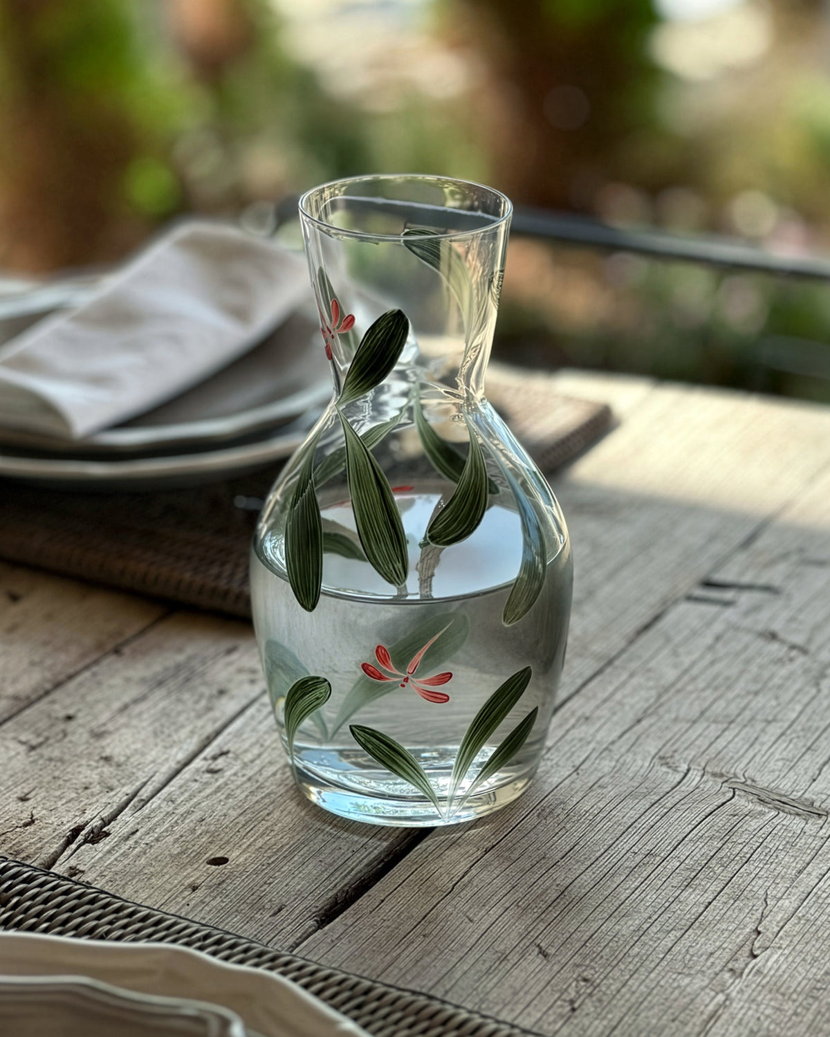 Carafe Melides · cristalería pintada a mano en verde bosque · Los Vasos de Agua Clara