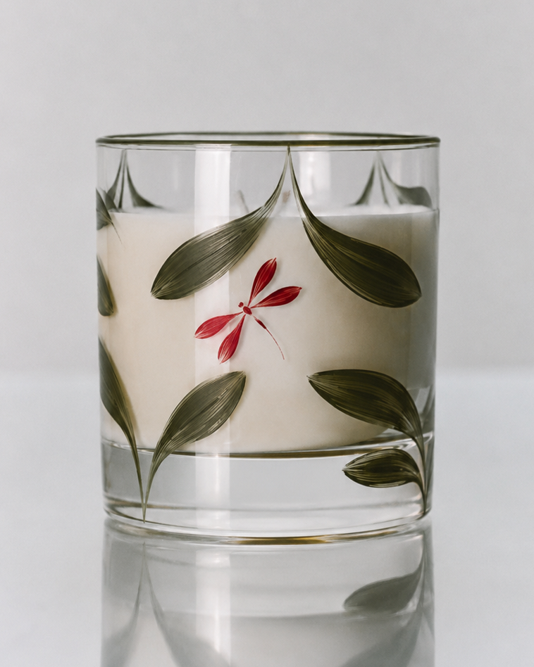 Vela Pequeña Melides · cristalería pintada a mano en verde bosque y rojo inglés · Los Vasos de Agua Clara
