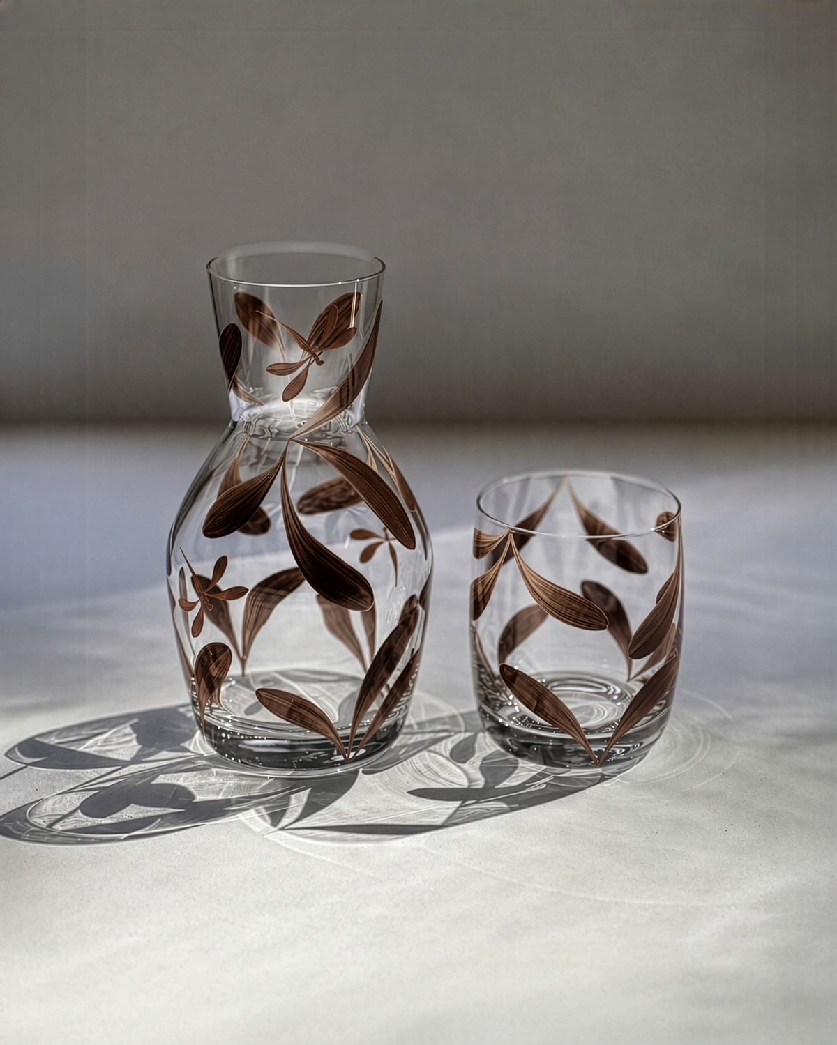Melides Bedside Carafe · glassware hand-painted in brown · Los Vasos de Agua Clara