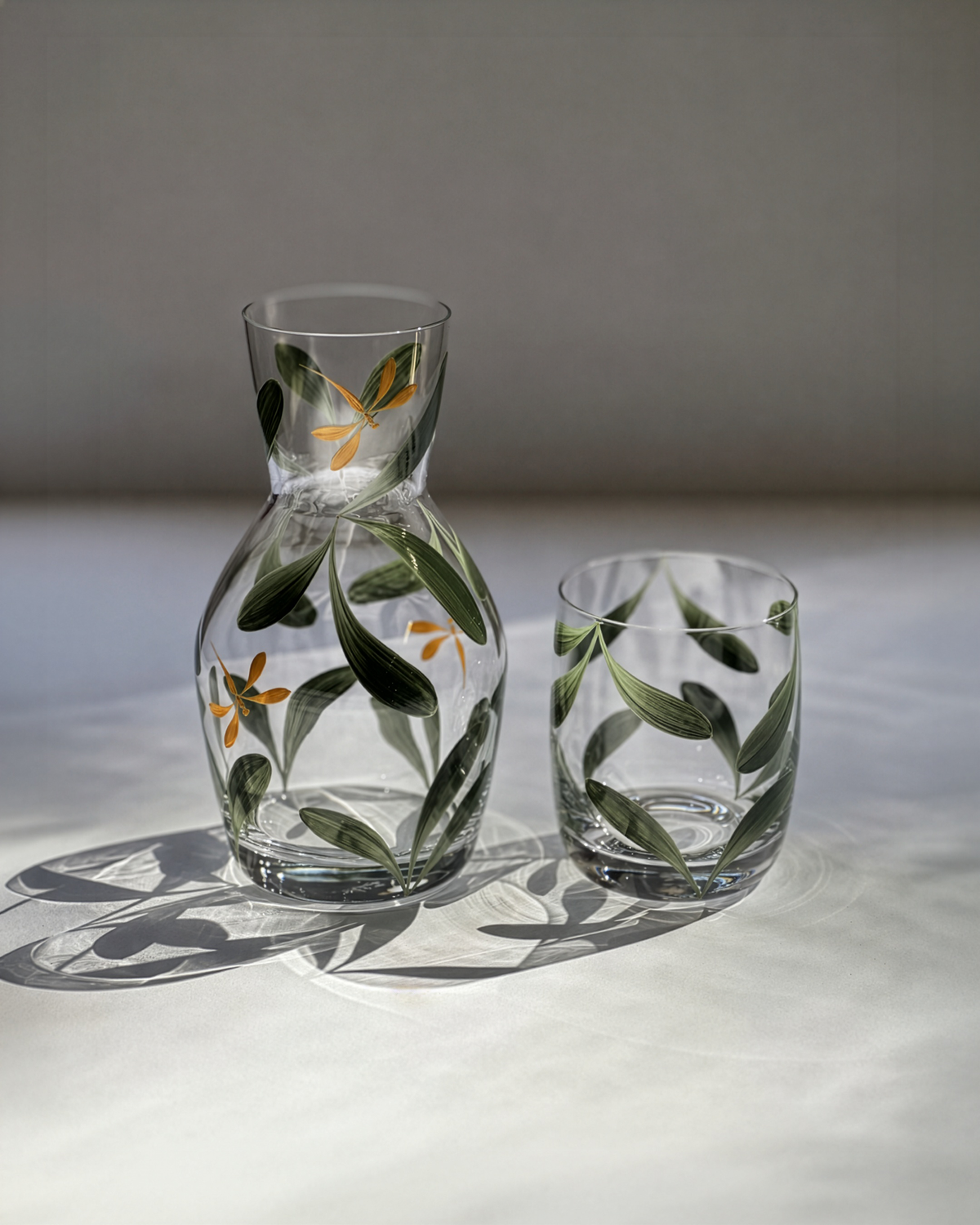 Melides Bedside Carafe · glassware hand-painted in leaf green and ochre · Los Vasos de Agua Clara