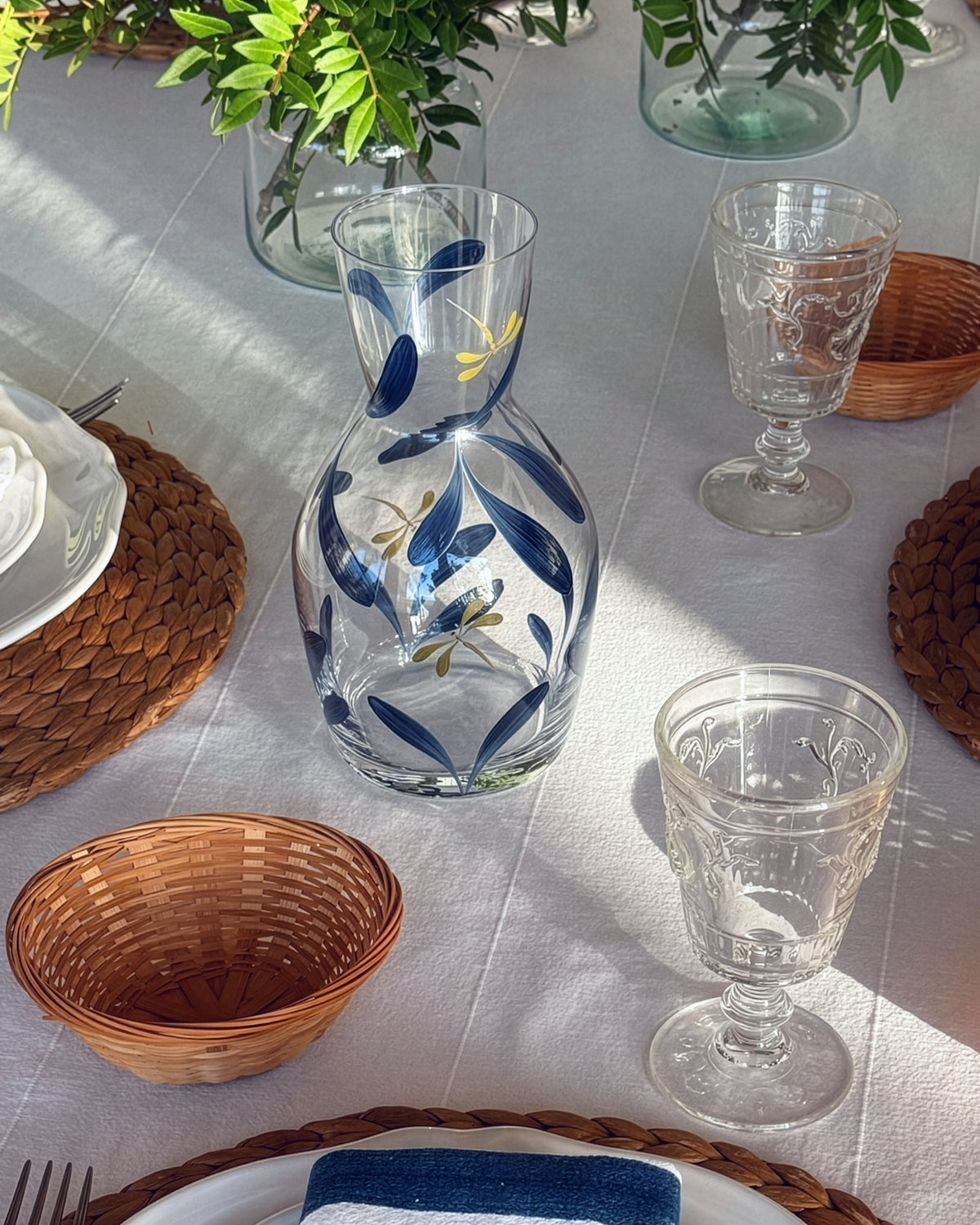 Melides Carafe · glassware hand-painted in midnight blue · Los Vasos de Agua Clara