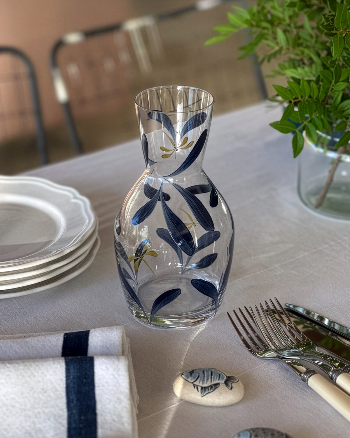 Melides Carafe · glassware hand-painted in midnight blue · Los Vasos de Agua Clara