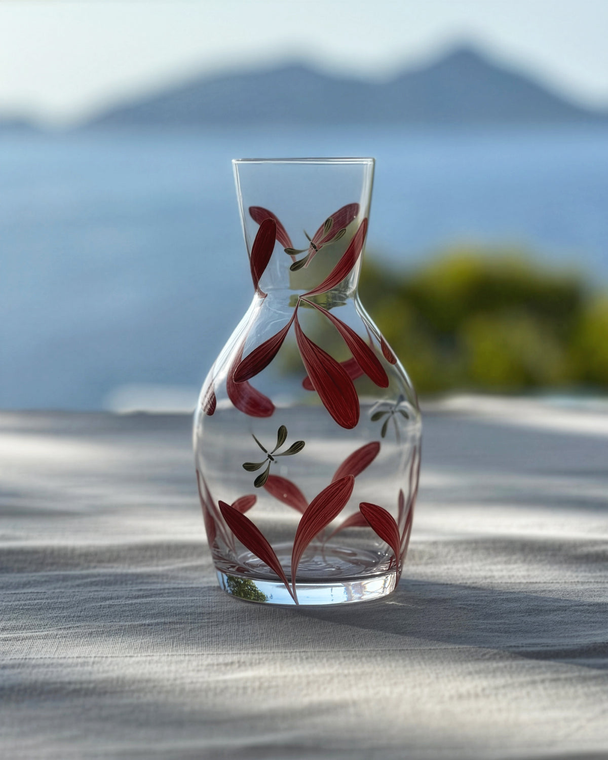 Melides Carafe · glassware hand-painted in English red · Los Vasos de Agua Clara