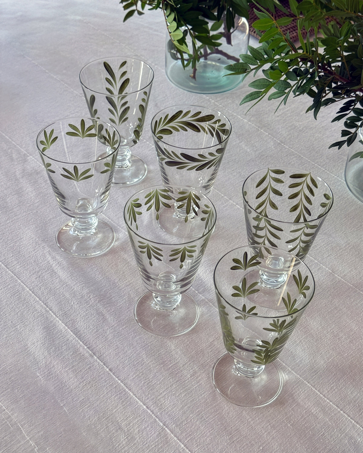 Jalisco Wine Glasses · glassware hand-painted in leaf green · Los Vasos de Agua Clara