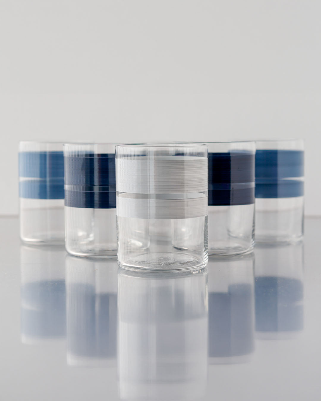 Portofino Moonlight Tumblers · glassware hand-painted in light grey, blue and navy · Los Vasos de Agua Clara