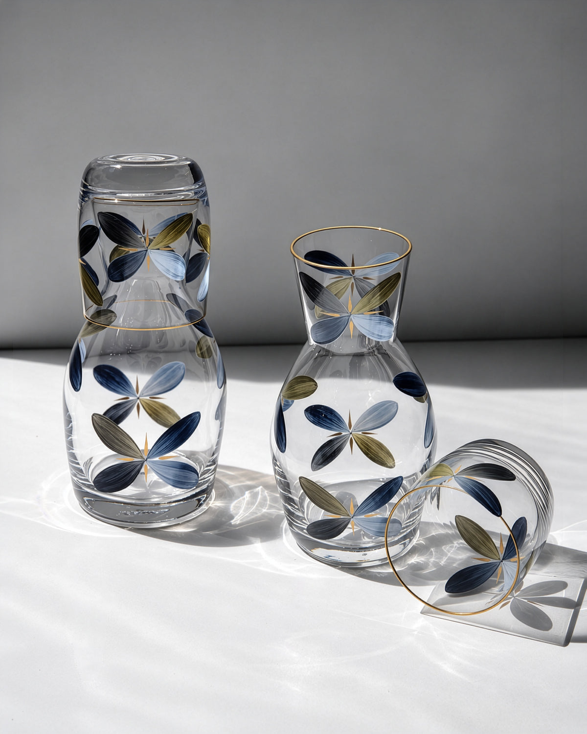 Pair of Holland Bedside Carafes · glassware hand-painted in blue · Los Vasos de Agua Clara