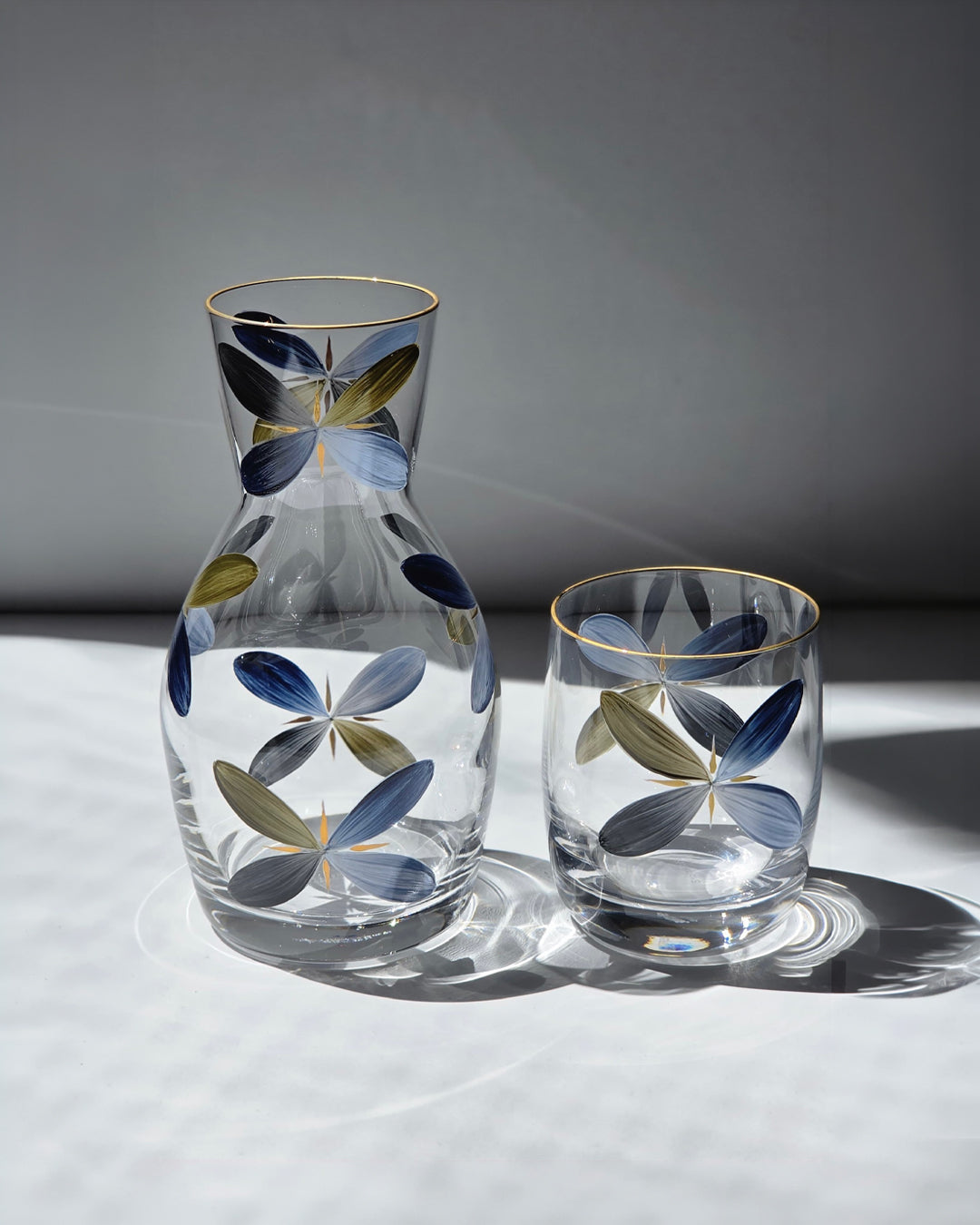 Pair of Holland Bedside Carafes · glassware hand-painted in blue · Los Vasos de Agua Clara