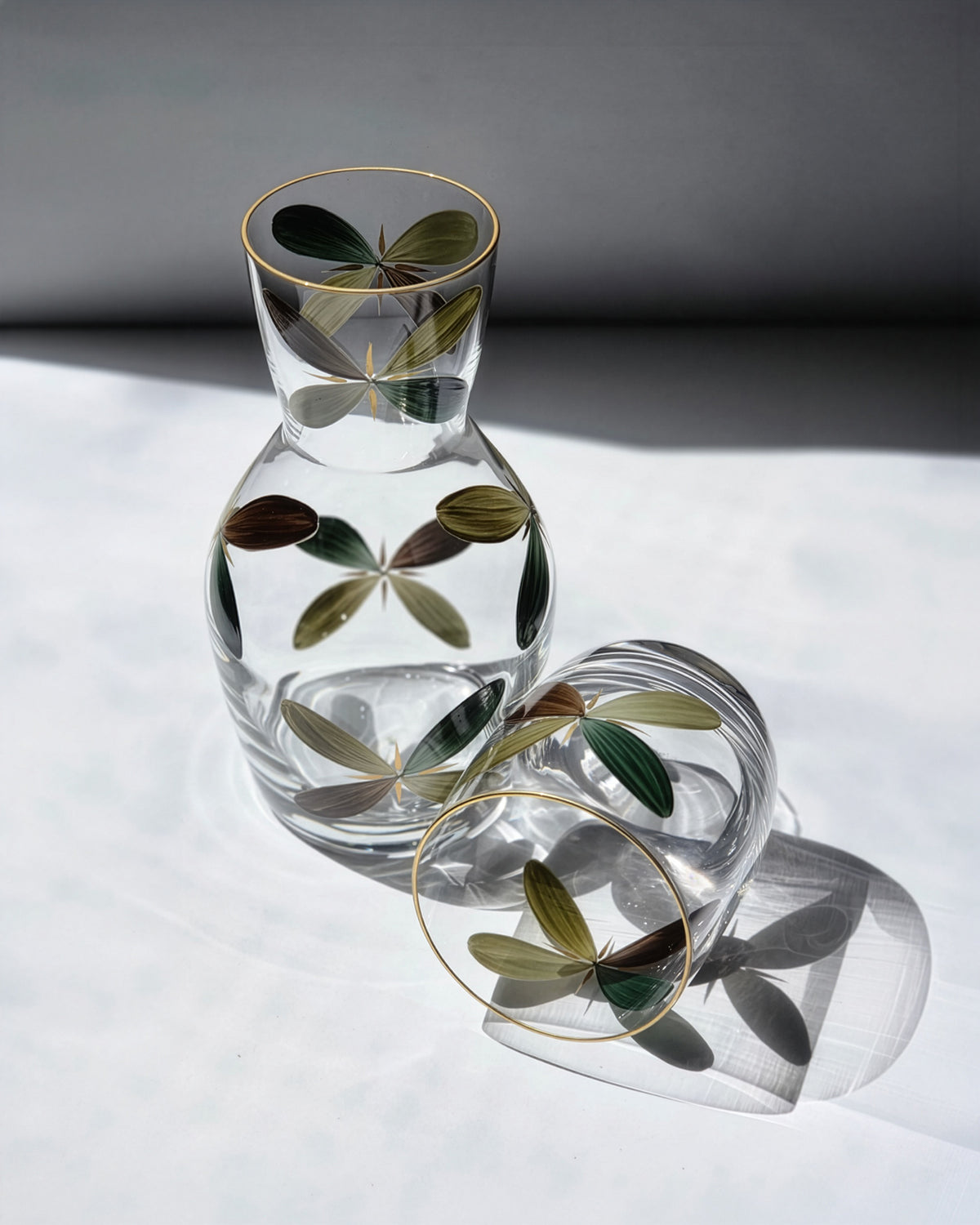 Pair of Holland Bedside Carafes · glassware hand-painted in brown · Los Vasos de Agua Clara