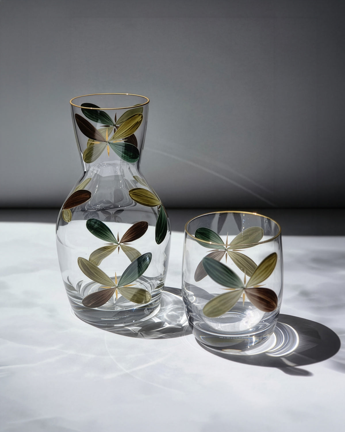 Pair of Holland Bedside Carafes · glassware hand-painted in brown · Los Vasos de Agua Clara