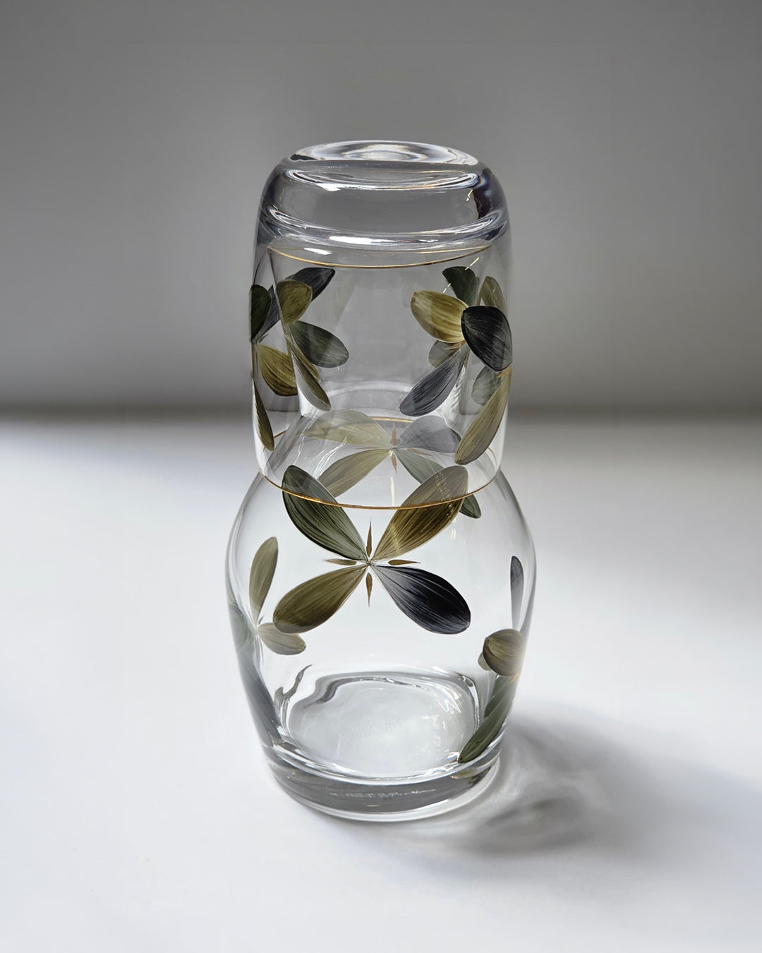 Pair of Holland Bedside Carafes · glassware hand-painted in green · Los Vasos de Agua Clara
