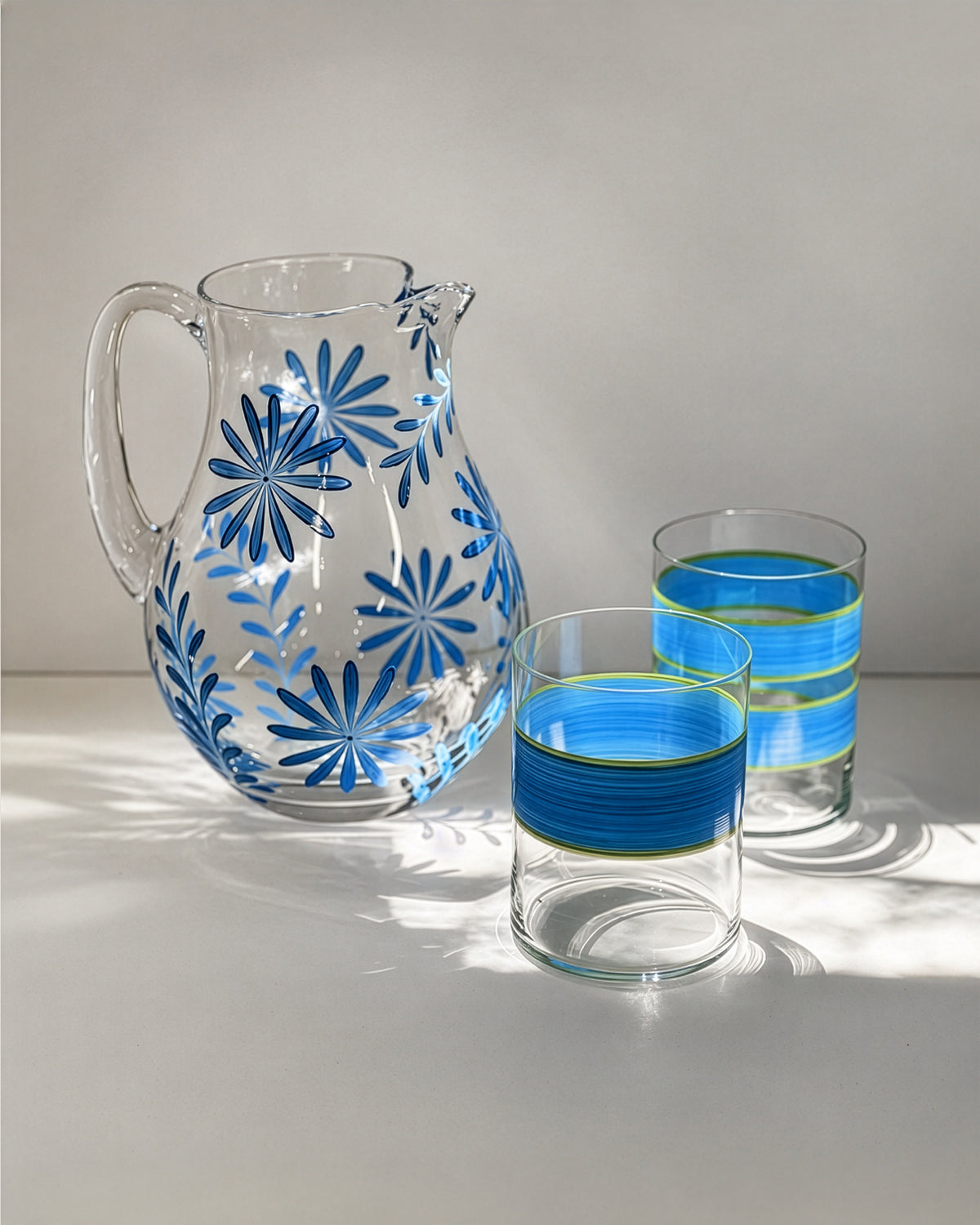 Saint Tropez II Jug & Oaxaca Tumblers · glassware hand-painted in blue · Los Vasos de Agua Clara