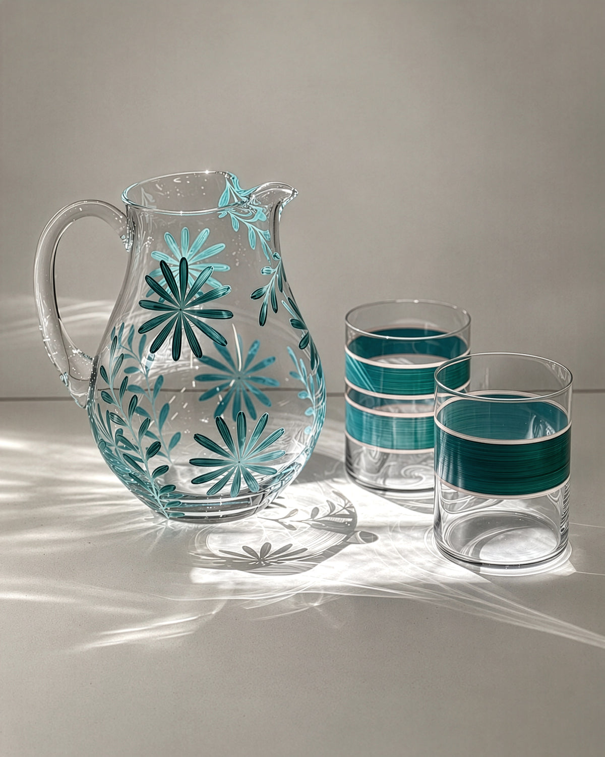 Saint Tropez II Jug & Oaxaca Tumblers · glassware hand-painted in sea green · Los Vasos de Agua Clara