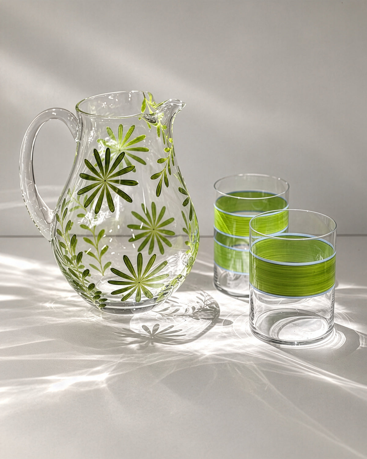 Saint Tropez II Jug & Oaxaca Tumblers · glassware hand-painted in lime green · Los Vasos de Agua Clara