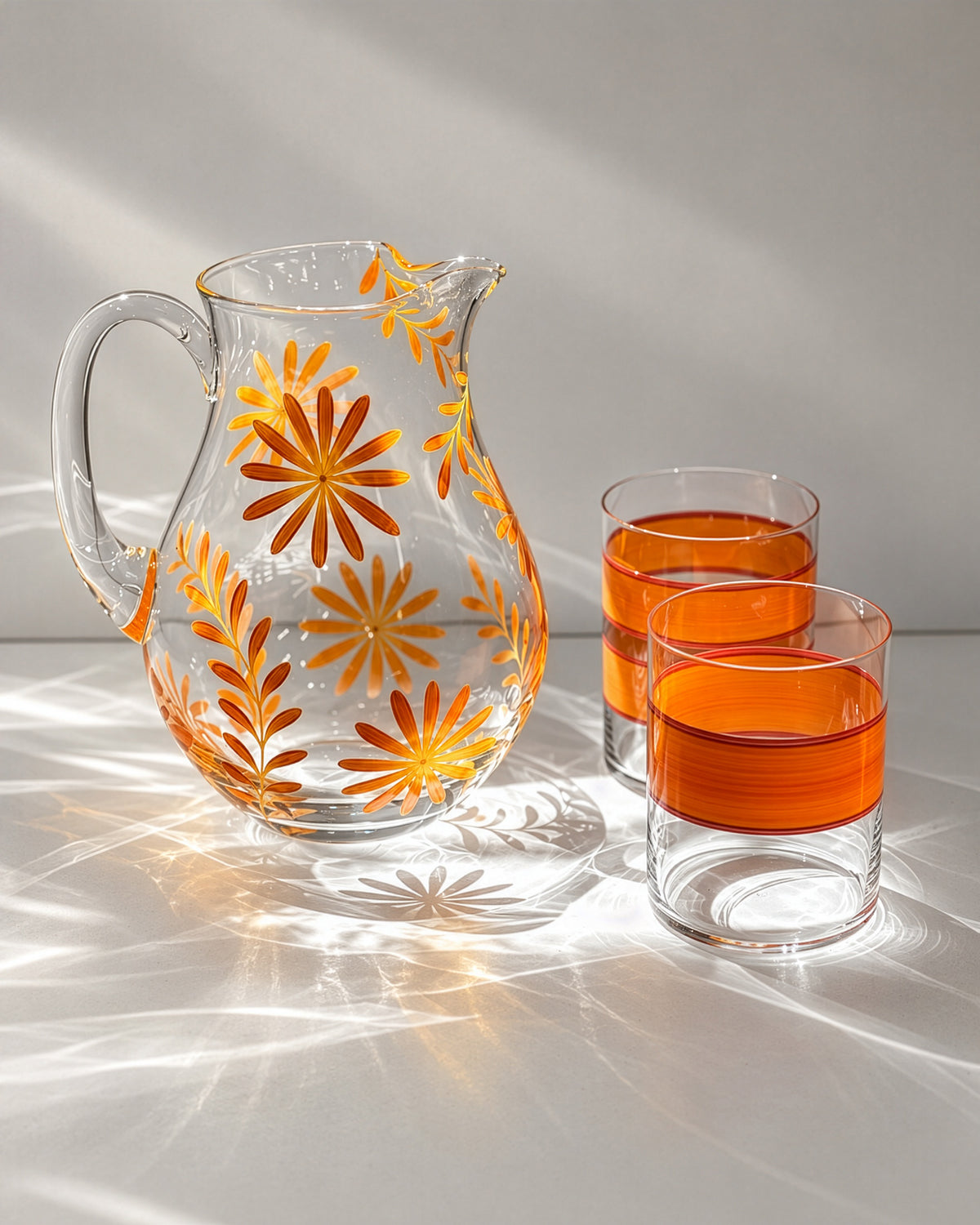 Saint Tropez II Jug & Oaxaca Tumblers · glassware hand-painted in orange · Los Vasos de Agua Clara