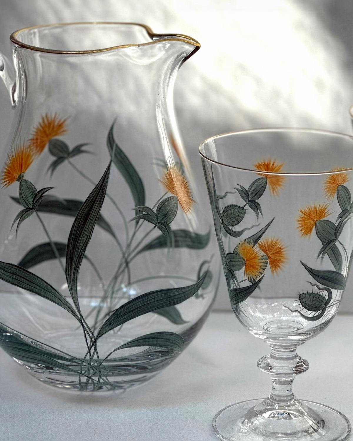 Saint Rémy Jug & Wine Glasses · glassware hand-painted in orange · Los Vasos de Agua Clara