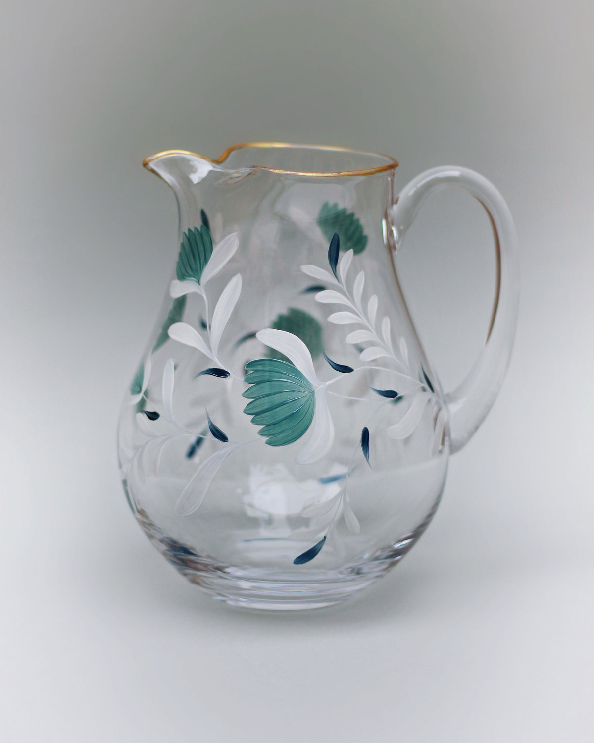 Jaipur Jug & Wine Glasses · glassware hand-painted in celadon green · Los Vasos de Agua Clara