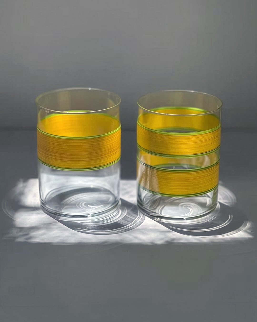 Yellow Oaxaca Tumblers · glassware hand-painted in yellow and lime green · Los Vasos de Agua Clara
