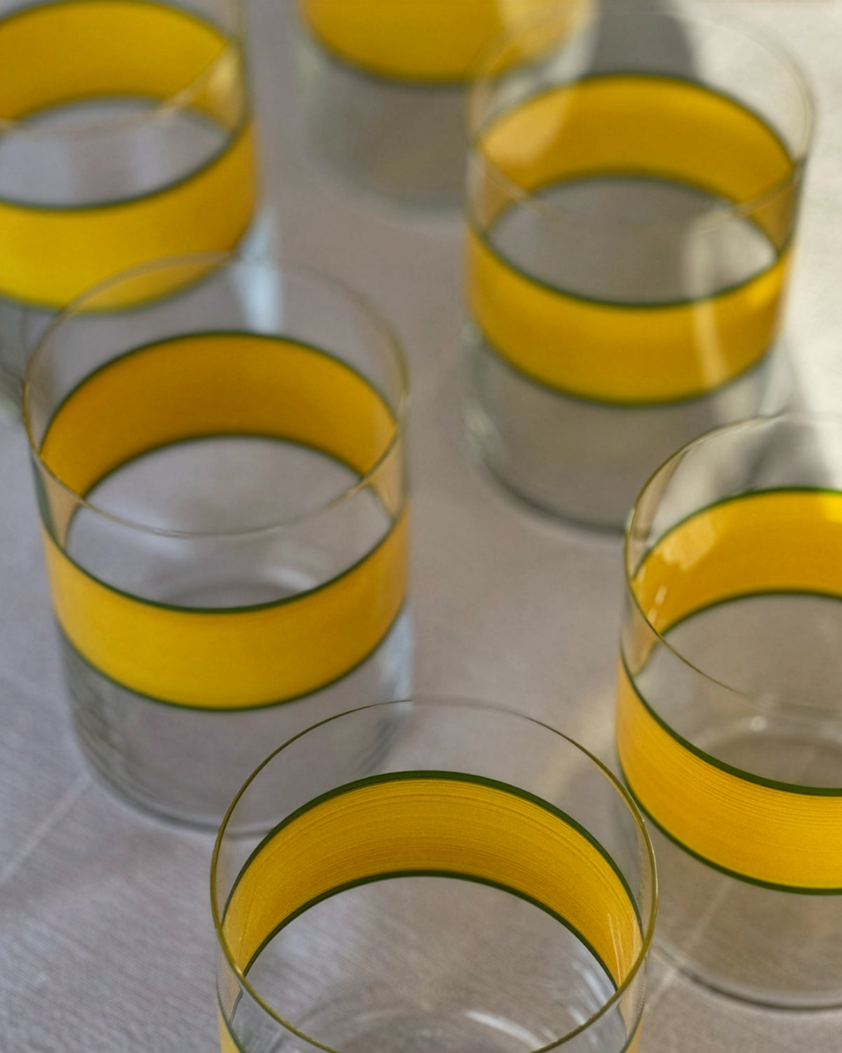 Yellow Oaxaca Tumblers · glassware hand-painted in yellow and lime green · Los Vasos de Agua Clara