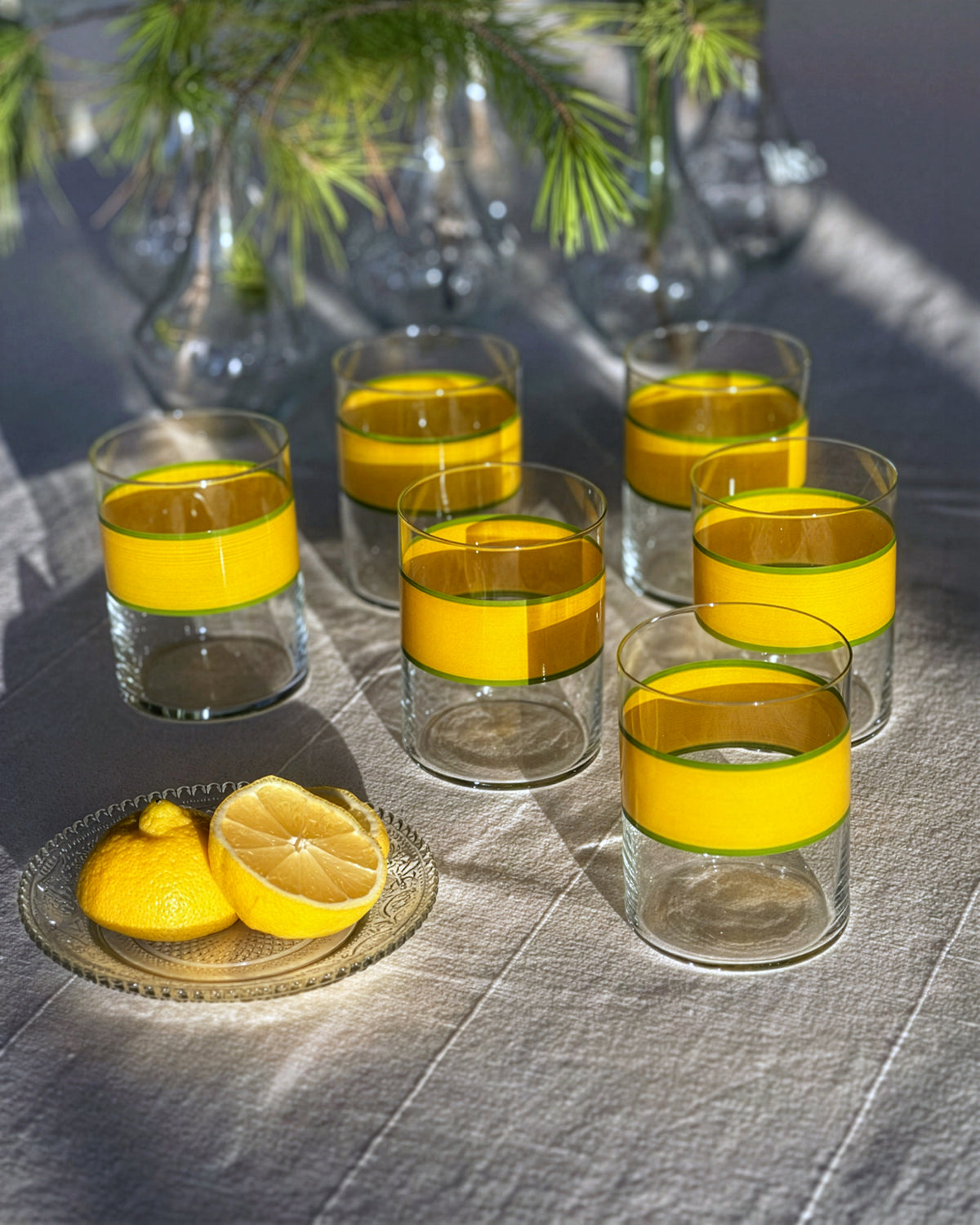Yellow Oaxaca Tumblers · glassware hand-painted in yellow and lime green · Los Vasos de Agua Clara
